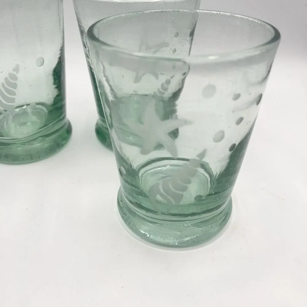 Set Of 4 Hand Blown Green Glass Etched Starfish Shell 8 oz 4” Heavyweight Bottom